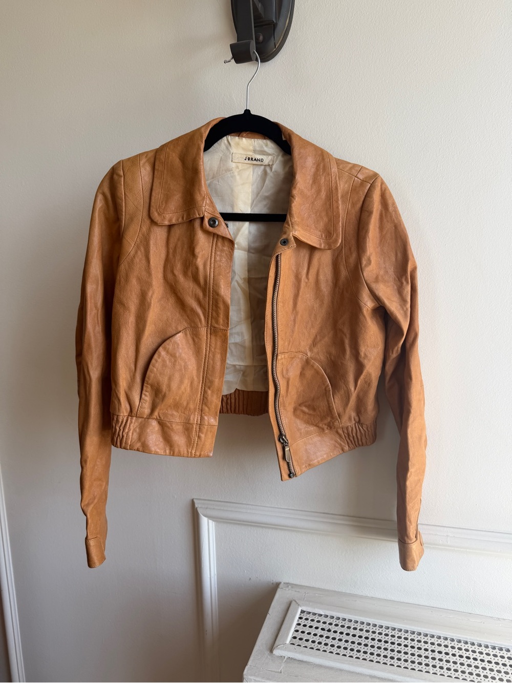 J Brand Caramel Tan Leather Cropped Bomber Jacket